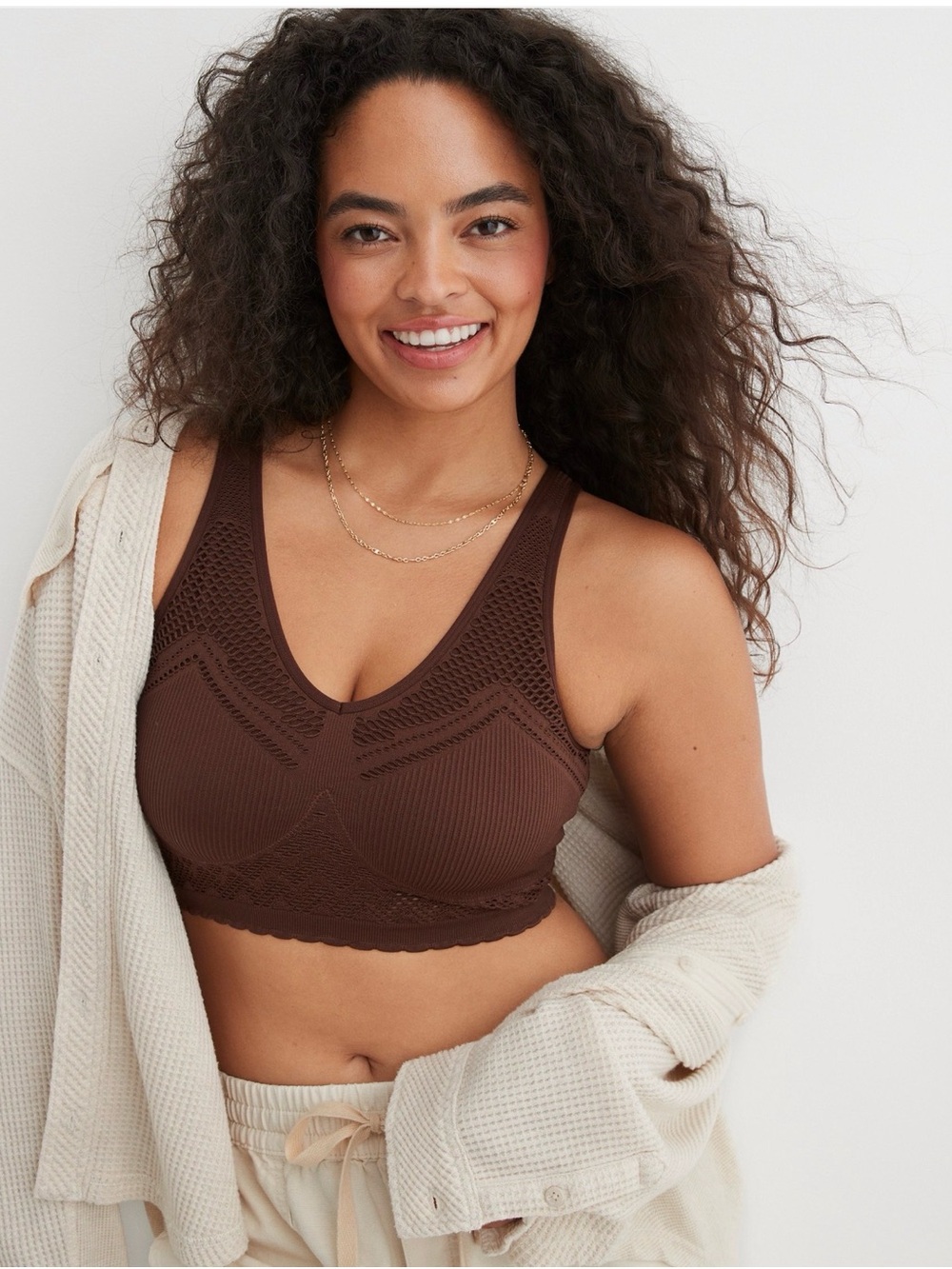 Aerie Superchill Seamless Bra Top Brown Ribbed Lace Trim Bralette NWT
